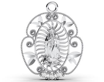 Sterling Silver Our Lady of Guadalupe Pendant: CZ Virgin Mary Medallion