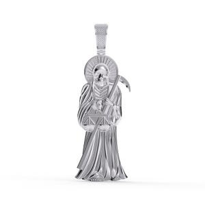 Santa Muerte Pendant in 925 Sterling Silver, Spiritual Necklace with Grim Reaper Protection Charm, Iced Out Jewelry