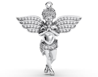 Sterling Silver Praying Angel Pendant – Cubic Zirconia Winged Charm Necklace