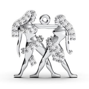 Sterling Silver Gemini Zodiac Pendant: Cubic Zirconia Twins Necklace