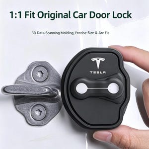 May include: A black car door lock cover featuring the white Tesla logo and text. The cover is designed for a 1:1 fit on an original car door lock mechanism. Text on the image reads: 1:1 Fit Original Car Door Lock, 3D Data Scanning Molding, Precise Size & Arc Fit.