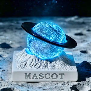 May include: A glowing blue spherical object with a dark ring encircling it, mounted on a white square base with a textured, cratered surface. The word MASCOT is embossed in capital letters on the front face of the white base.
