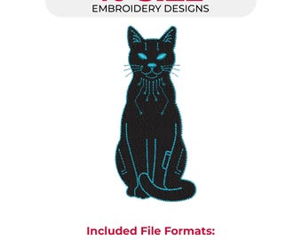 Futuristisch Cyber Cat Borduurpatroon – Technologisch Ontwerp – 1 Ontwerp, 10 Maten – Borduurpatroon voor Machineborduurwerk – Direct Downloaden