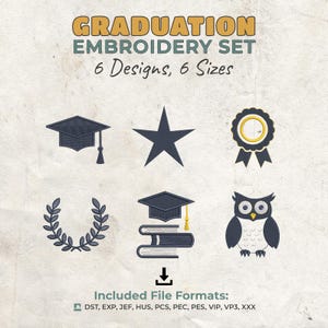 Può includere: Un set di ricamo con disegni a tema laurea. L'immagine presenta un tocco, una stella, un nastro premio, una corona d'alloro, libri con un tocco e un gufo. Il testo recita "GRADUATION EMBROIDERY SET" e "6 Designs, 6 Sizes."