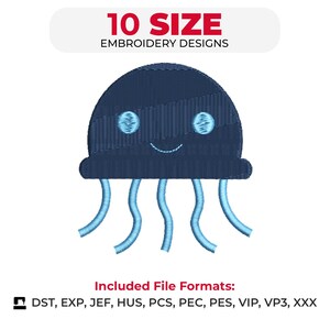 Può includere: Un disegno di ricamo di medusa blu navy con dettagli azzurri, inclusi occhi e tentacoli. L'immagine include il testo "10 SIZE EMBROIDERY DESIGNS" e un elenco dei formati di file inclusi.