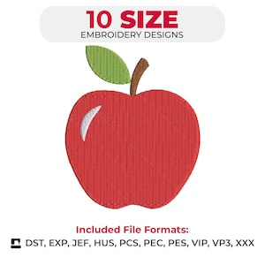 May include: A red apple embroidery design with a green leaf and brown stem. The design includes the text "10 SIZE EMBROIDERY DESIGNS" and lists file formats: DST, EXP, JEF, HUS, PCS, PEC, PES, VIP, VP3, XXX.