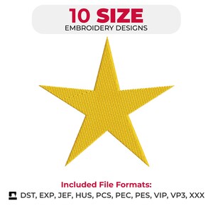 Könnte beinhalten: Ein goldgelbes Stern-Stickdesign. Das Bild enthält den Text "10 SIZE EMBROIDERY DESIGNS" und eine Liste der enthaltenen Dateiformate: DST, EXP, JEF, HUS, PCS, PEC, PES, VIP, VP3, XXX. Der Stern ist auf weißem Hintergrund zentriert.
