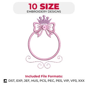 Cornice Principessa per Bambine - Disegno Ricamo a Macchina con Corona e Fiocco per Monogrammi - 10 Dimensioni - Download Immediato