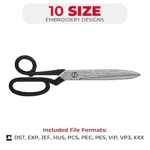 Può includere: Un disegno di ricamo con un paio di forbici con manici neri e una lama argentata. Il testo "10 SIZE EMBROIDERY DESIGNS" è in alto. L'immagine include anche informazioni sui formati di file.