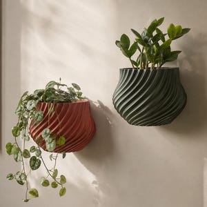 May include: Two wall-mounted planters with a spiraling, ribbed texture. One planter is a deep terracotta red containing a trailing green plant, while the other is a dark forest green holding an upright plant with glossy, oval-shaped leaves.