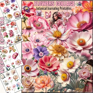 Peut inclure: Un collage d'images florales colorées, avec des fleurs roses, violettes, oranges et jaunes. Le texte "FLOWERS COLLAGE botanical Journaling Printables" est en haut. Plusieurs petites feuilles d'images florales sont dans le coin gauche.