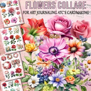 May include: A digital collage of watercolour flowers in shades of pink, red, yellow, and purple. The image includes roses, daisies, and anemones. The text "FLOWERS COLLAGE" is displayed at the top, with additional text below. Suitable for art journaling and cardmaking.