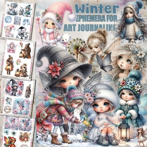 May include: A collage of winter-themed art journal ephemera featuring illustrations of whimsical characters in winter attire. The artwork includes fairies, gnomes, and children in winter coats and hats, with a soft, pastel color palette. Text reads "Winter Ephemera for Art Journaling."
