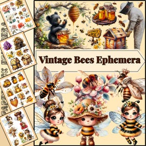 Puede incluir: Una colección de efímeras vintage con temática de abejas. La imagen presenta ilustraciones de abejas, panales, tarros de miel y un osezno. El texto "Vintage Bees Ephemera" se muestra de forma destacada. La paleta de colores incluye amarillo, marrón y elementos florales.