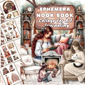 Pacchetto stampabile Ephemera Book Lover: kit per diario vintage con clipart floreali, carte per scrapbooking e stampe digitali