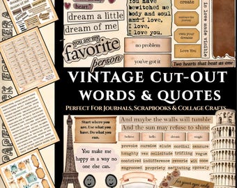 Vintage Cut-Out Words & Quotes Bundle 12 Printable Junk Journal Ephemera Pages Scrapbooking, Collage, Paper Crafts Instant Download