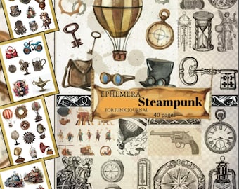 Puede incluir: Un collage de efímeras con temática steampunk para diarios basura. Incluye un globo aerostático, brújula, llave, reloj de bolsillo y otras ilustraciones vintage en tonos sepia. El texto dice "Ephemera Steampunk for Junk Journal 40 pages."