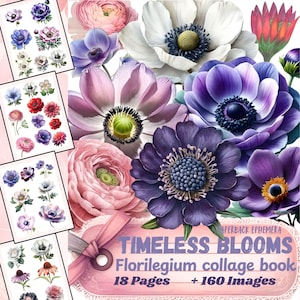 Puede incluir: Un libro de collage titulado "Timeless Blooms" con ilustraciones en acuarela de varias flores en tonos morados, rosas y blancos. El libro incluye 18 páginas y 160 imágenes. La portada tiene una cinta rosa.