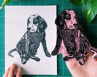 Custom Dog Portrait, Cat Portrait, Hand Carved Linocut Portraiture, Holiday Gift, Pet Portrait