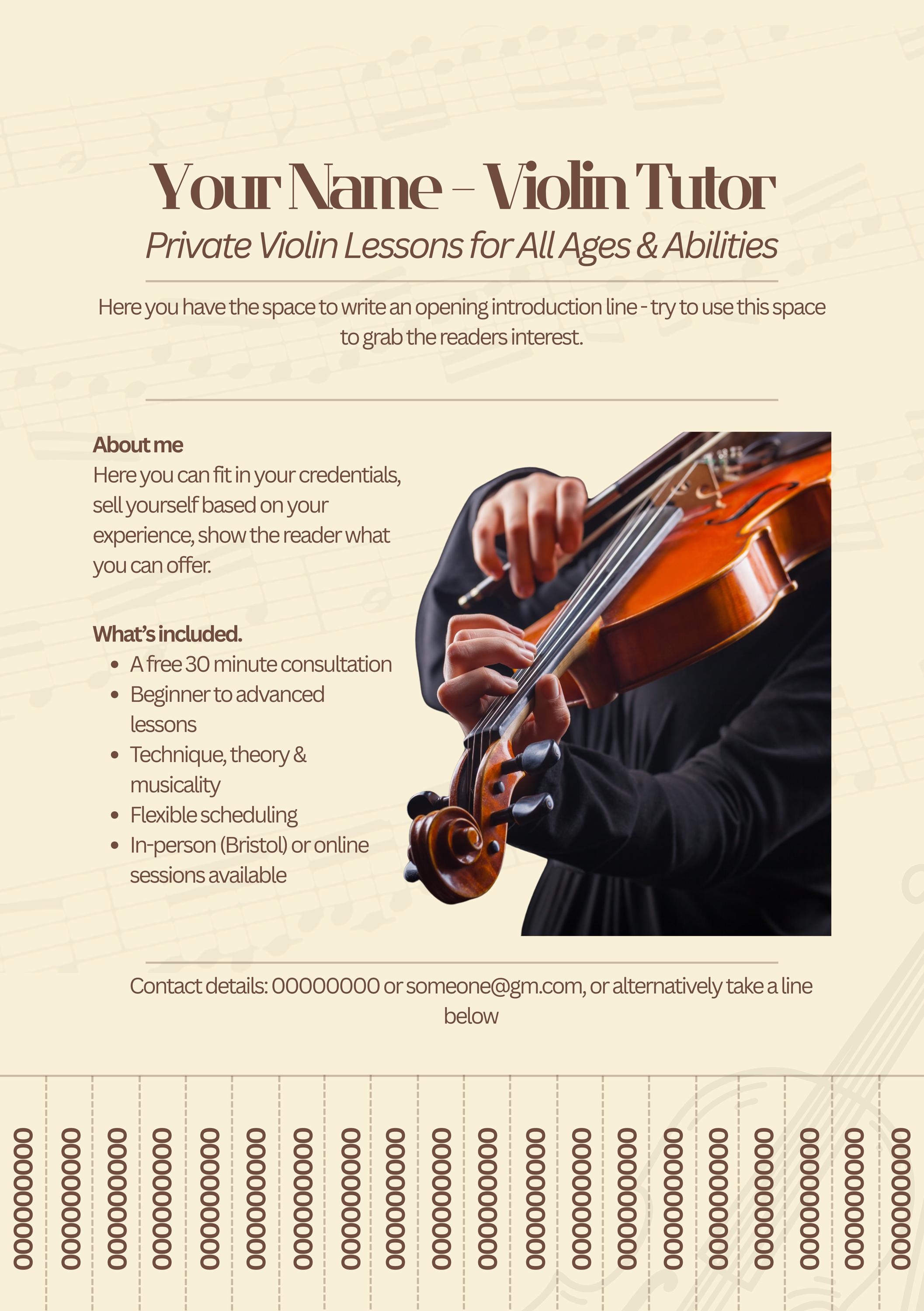 Lesson Flyer Viola Violin Tuition Flyer Template | Printable 1-to-1 Music Lessons Poster ...