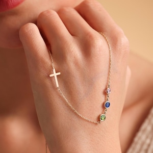 Gold Sideways Cross Birthstone Necklace – Dainty Personalized Christian Jewelry for Women, First Communion Gift, Custom Religious Necklace
