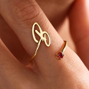 14k Gold Initial Birthstone Ring: Personalized Signet Stacking Ring