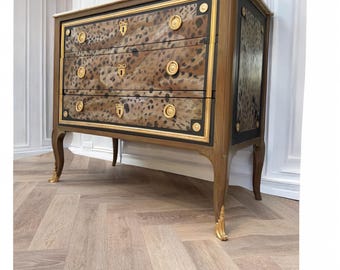 Vintage refinished chest of draws, French style dresser, leopard print