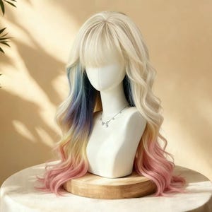 May include: A long, wavy wig with a light blonde base and a fringe. The wig features streaks of blue, purple, yellow, and pink at the ends. It is displayed on a white mannequin head with a silver necklace.