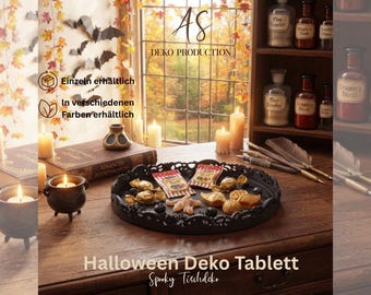 May include: A black decorative tray with an ornate filigree edge sits on a wooden table, holding assorted gold-wrapped candies and small treats. The scene includes candles, potion bottles, a book titled Advanced Potion-Making, and quills.