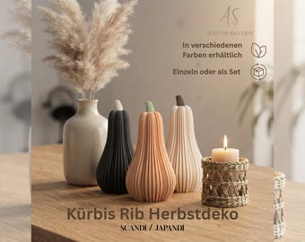 May include: Three ribbed pumpkin-shaped ornaments in black, orange, and cream, each with a small stem. Beside them is a beige vase with pampas grass and a candle in a woven holder. Text reads: AS DEKO PRODUCTION, In verschiedenen Farben erhältlich, Einzeln oder als Set, Kürbis Rib Herbstdeko, SCANDI / JAPANDI.