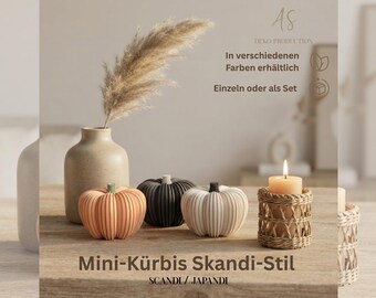 May include: Three small ribbed pumpkins in peach, black, and white colors, a beige vase with a dried pampas grass plume, and a lit candle in a woven holder. Text on the image includes AS DEKO PRODUCTION, In verschiedenen Farben erhältlich, Einzeln oder als Set, Mini-Kürbis Skandi-Stil, and SCANDI / JAPANDI.