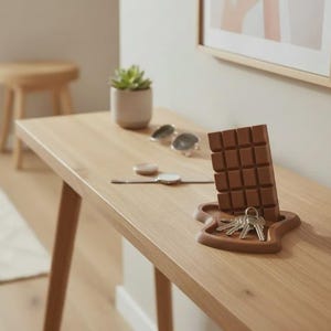 以下が含まれることがあります： チョコレートバーの形をした茶色の長方形のキーホルダーで、格子模様と一致するベーストレイが付いています。トレイには銀色の金属製の鍵の束が置かれています。このオブジェクトは、成形されたブロック状のデザインで、しっかりとしたマットな素材で作られています。
