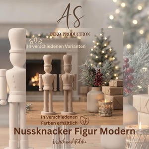 Könnte beinhalten: Drei hellbeige Nussknacker-Figuren mit glatten oder gerippten Texturen, die auf einer Holzoberfläche stehen. Das Bild enthält den Text: AS DEKO PRODUCTION, In verschiedenen Varianten, In verschiedenen Farben erhältlich, Nussknacker Figur Modern, Weihnachtsdeko.