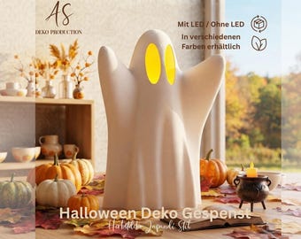 May include: A white ghost-shaped decorative figure with two oval yellow eye cutouts. The text on the image includes AS DEKO PRODUCTION, Mit LED / Ohne LED, In verschiedenen Farben erhältlich, Halloween Deko Gespenst, and Herbstlich Japandi Stil.