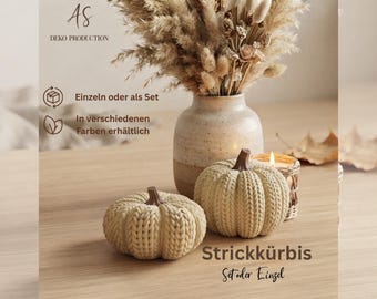May include: Two cream-colored, knit-textured pumpkin figurines with brown stems sit beside a ceramic vase filled with dried grasses and a small candle. Text on the image includes AS DEKO PRODUCTION, Einzeln oder als Set, In verschiedenen Farben erhältlich, Strickkürbis, and Set oder Einzel.