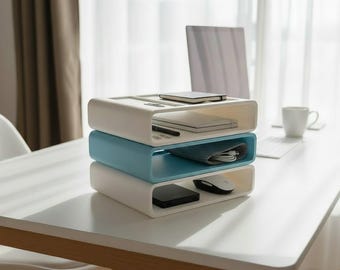 May include: A stack of three rectangular desk organizers with rounded corners. The top and bottom units are white, while the middle unit is light blue. The organizers hold a notebook, a pen, a gray fabric pouch, a black hard drive, and a mouse.