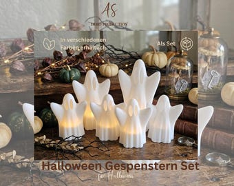 May include: A set of five white ghost-shaped decorative figures, each featuring hollow eyes and mouths. These figures are illuminated from within by warm light. The text "Halloween Gespenstern Set" is printed at the bottom of the image.