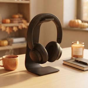 Può includere: Un paio di cuffie over-ear nero opaco poggiate su un supporto curvo coordinato. Le cuffie presentano una struttura solida ed essenziale con padiglioni imbottiti, progettate per poggiare saldamente sulla base di supporto verticale.