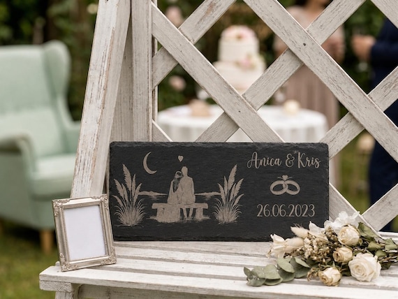 Hochzeitsgeschenk personalisiert – Schieferplatte mit Namen & Datum – Gravur Geschenk Brautpaar – Hochzeit Deko Naturstein – 38x13 cm