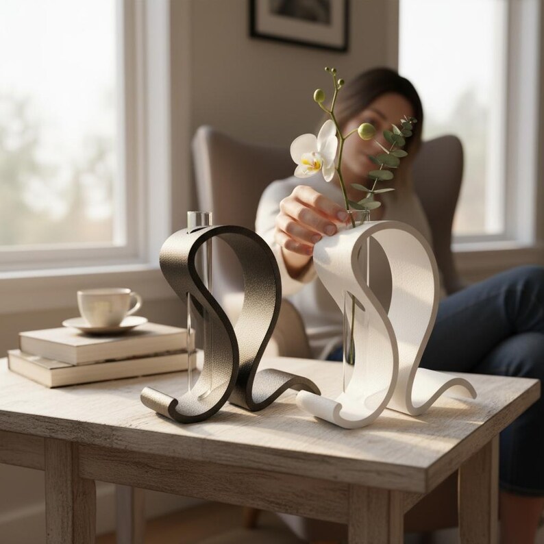 May include: Two curved, S-shaped stands, one matte black and one matte white, each holding a clear glass test tube vase. The white stand contains a single white orchid flower and a green eucalyptus sprig, creating a pair of modern floral displays.