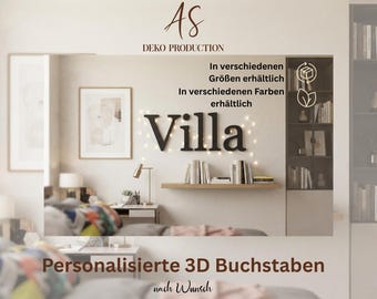 May include: Black 3D letters spelling the word Villa mounted on a wall with string lights. The text reads In verschiedenen Größen erhältlich, In verschiedenen Farben erhältlich, AS DEKO PRODUCTION, and Personalisierte 3D Buchstaben nach Wunsch.