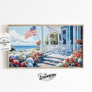 4th of July Samsung Frame TV Art, Coastal Garden, Summer Frame Tv Art, Independence Day Tv Download, Patriotic USA Painting, American Flag