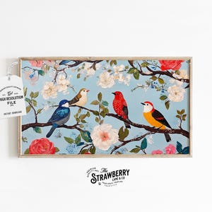 Colorful Birds Frame TV Art, Vintage Floral Painting for Samsung Frame TV, Spring Botanical Screensaver, Maximalist