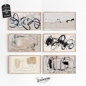 Frame TV Art Set Abstract Neutral Paintings for Samsung TV, Muted Beige Minimalist Digital TV Download Bundle, Modern Line Art
