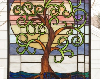 Tree of Life Landscape in muted tones -18" x 25"-Stained Glass Window Panel