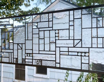 Clear Textured and Beveled Geometric Mission Style --13.5" x 31.5 " --Stained Glass Transom Panel
