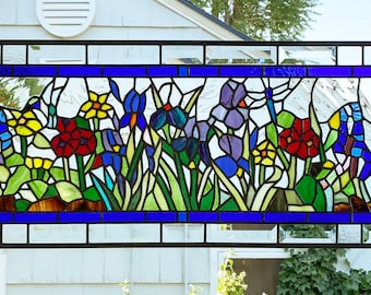 Garden with Dragonflies and Hummers--14" tall x 46"wide-Stained Glass transom Panel