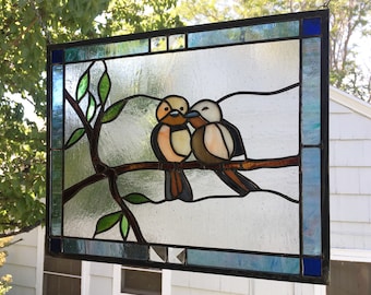 Stained Glass Window Panel--Two Love Birds--12.5" x 15.5"