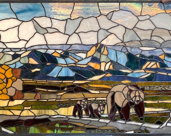Bear Family in Field of Gold--24" x 38" --Stained Glass Window Panel