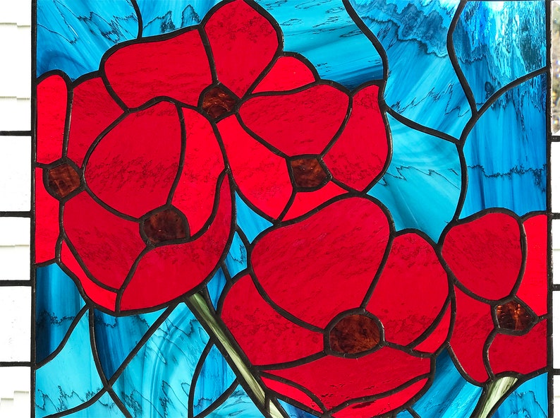 Stained Glass Window PanelRed Oriental Poppies18 x 18 image 3